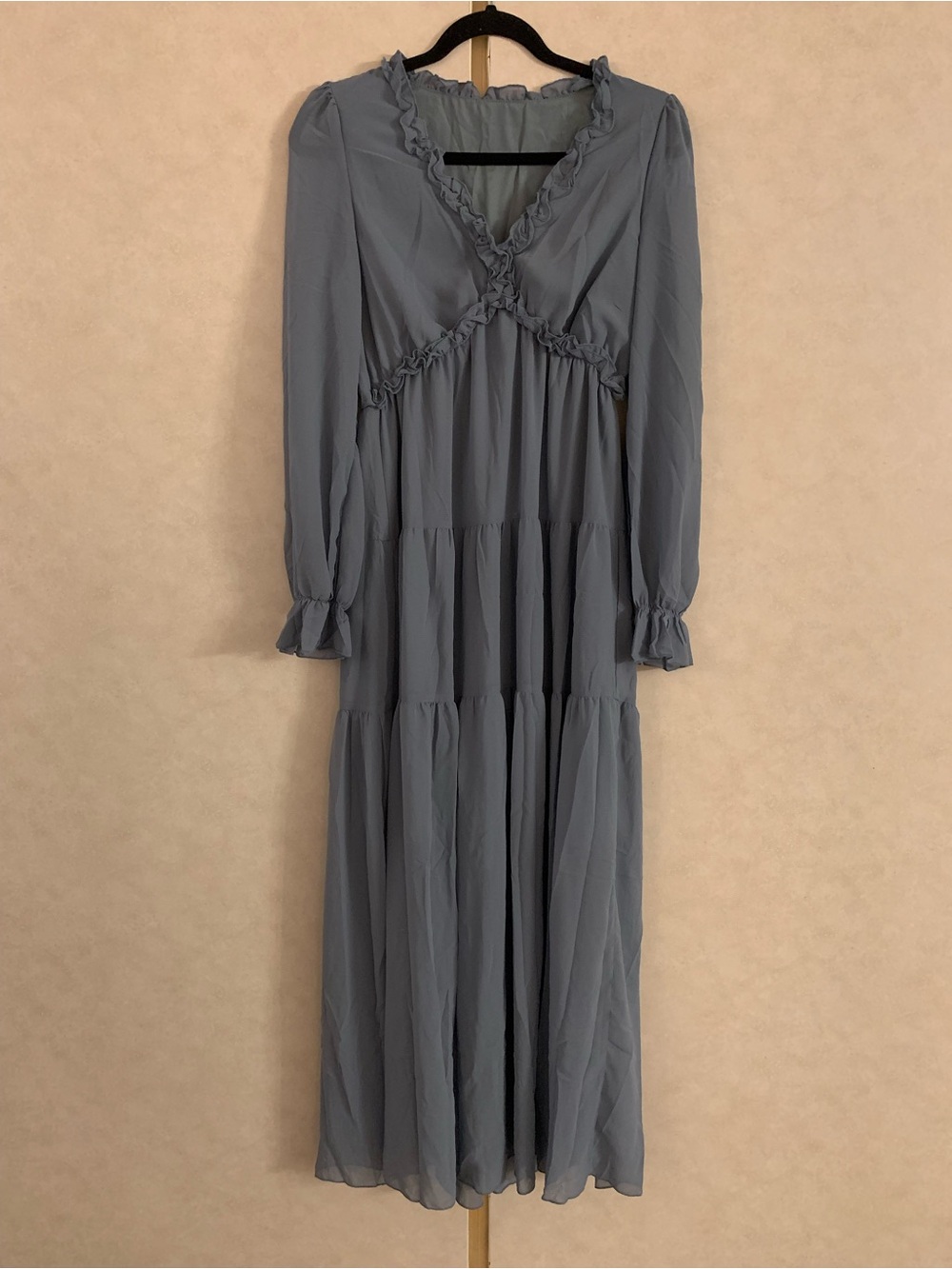Long Sleeve Ruffled V-Neck Maxi Dress in Slate Blue